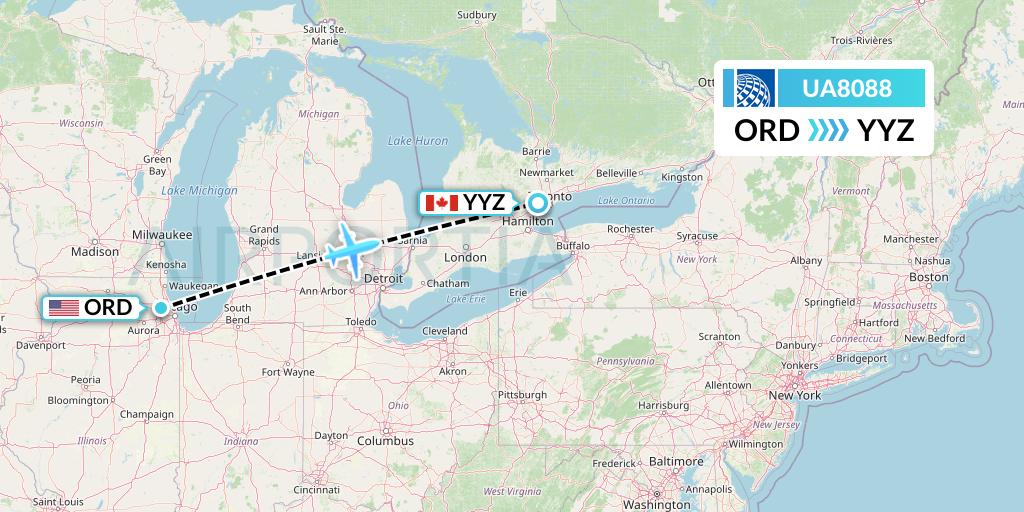 UA8088 United Airlines Flight Map: Chicago to Toronto