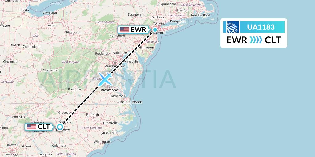 UA1183 United Airlines Flight Map: New York to Charlotte