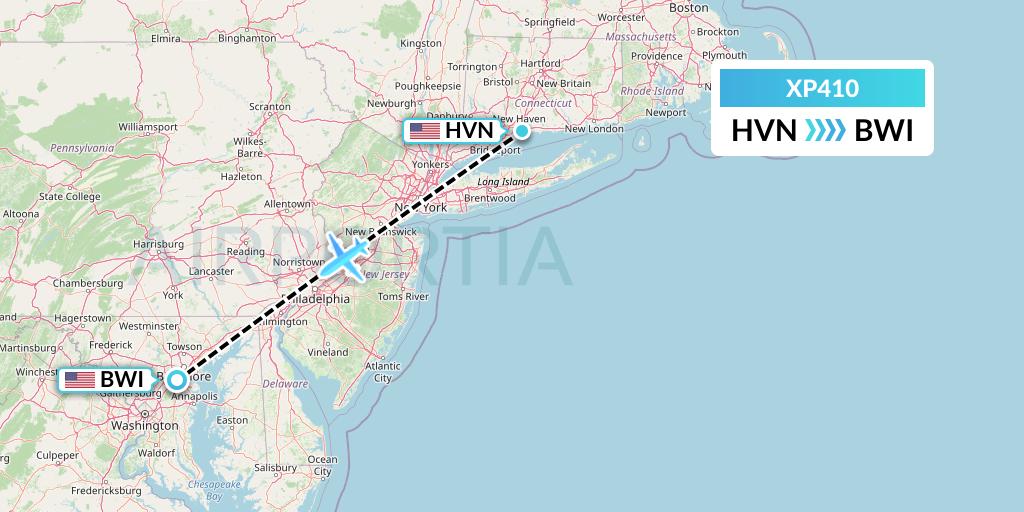 XP410 Avelo Airlines Flight Map: New Haven to Baltimore