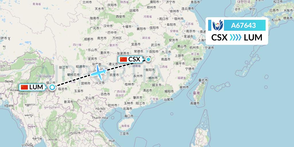 A67643 Hongtu Airlines Flight Map: Changsha to Mangshi