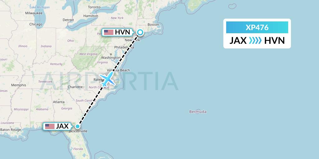XP476 Avelo Airlines Flight Map: Jacksonville to New Haven