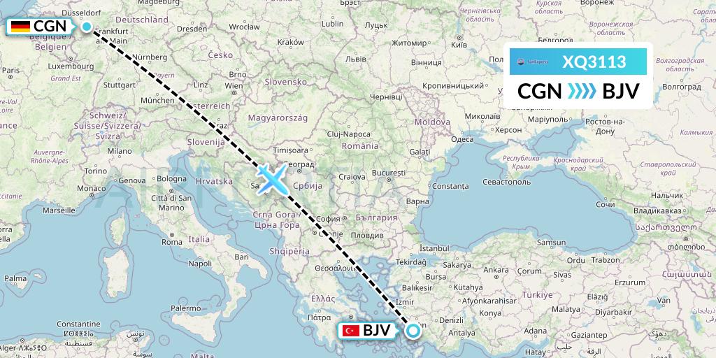 XQ3113 SunExpress Flight Map: Cologne to Bodrum