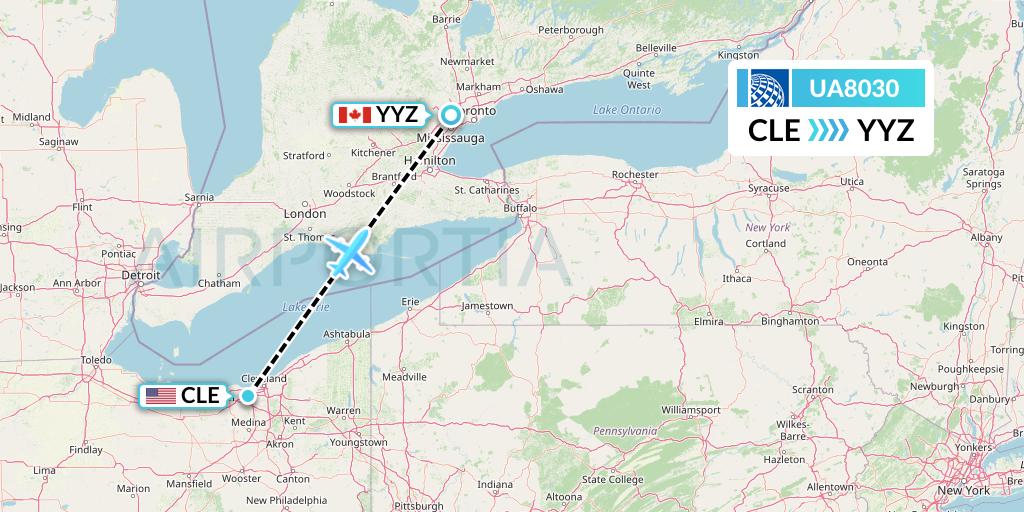 UA8030 United Airlines Flight Map: Cleveland to Toronto