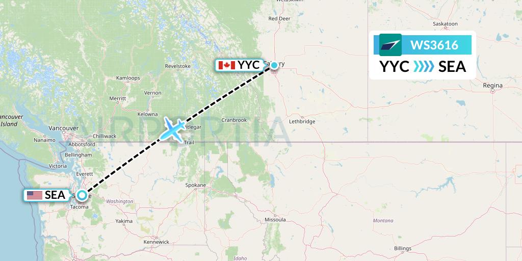 WS3616 WestJet Flight Map: Calgary to Seattle