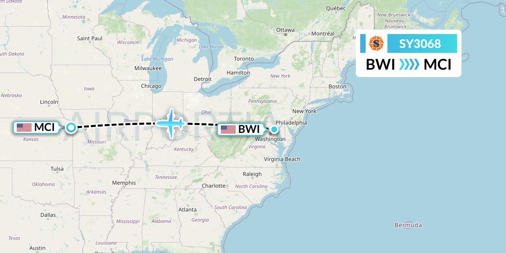 SY3068 Sun Country Airlines Flight Map: Baltimore to Kansas City