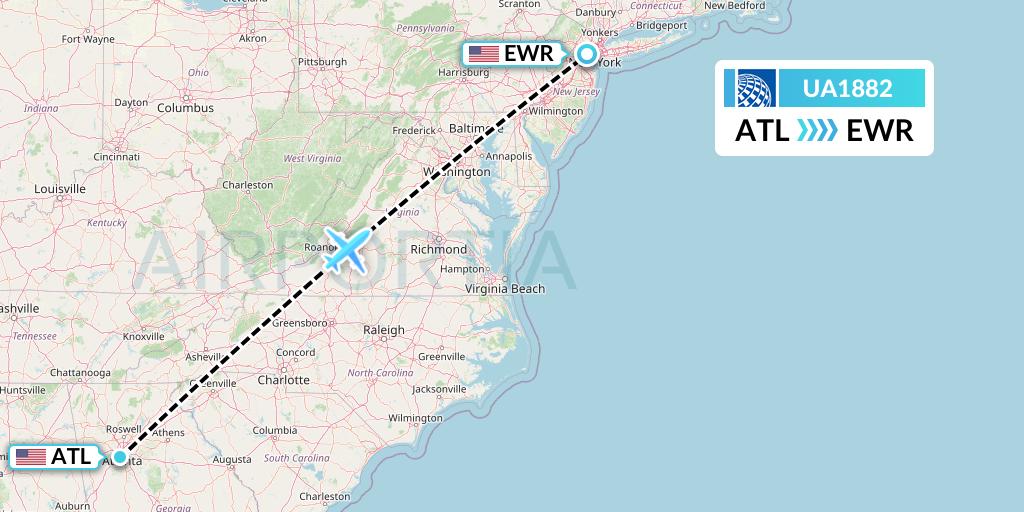 UA1882 United Airlines Flight Map: Atlanta to New York