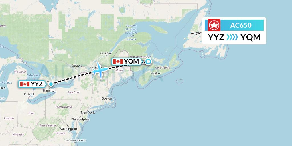 AC650 Air Canada Flight Map: Toronto to Moncton