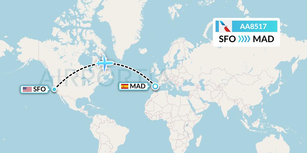 AA8517 American Airlines Flight Map: San Francisco to Madrid