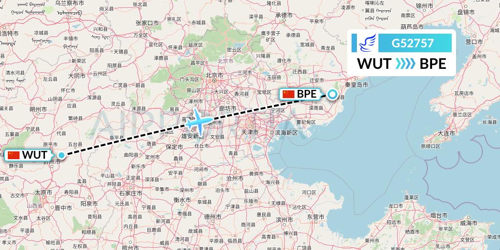 G52757 China Express Airlines Flight Map: Taiyuan to Qinhuangdao