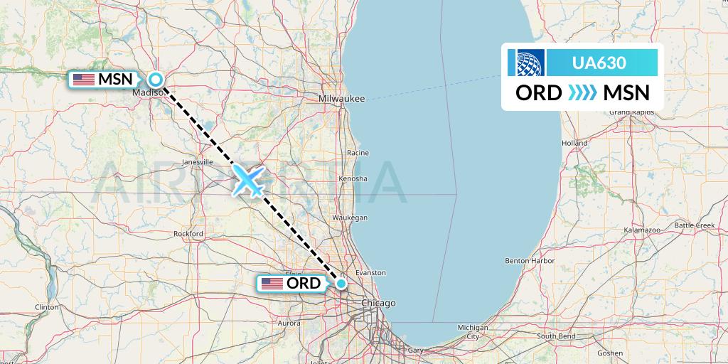 UA630 United Airlines Flight Map: Chicago to Madison