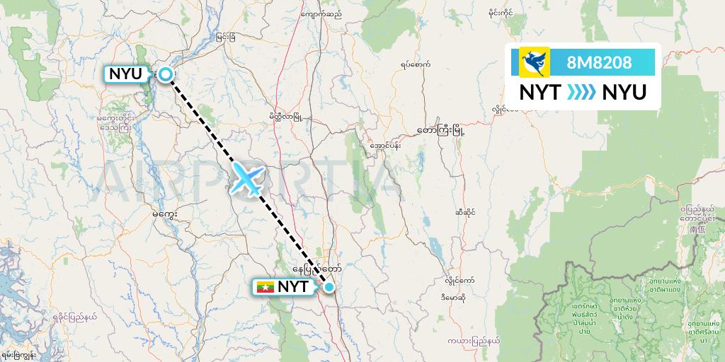 8M8208 Myanmar Airways International Flight Map: Naypyidaw to Nyaung U