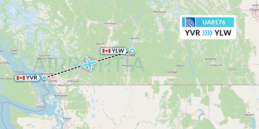 UA8176 United Airlines Flight Map: Vancouver to Kelowna