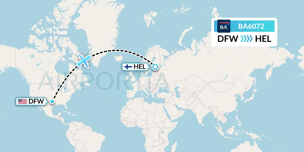BA6072 British Airways Flight Map: Dallas to Helsinki