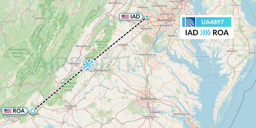 UA4897 United Airlines Flight Map: Washington to Roanoke
