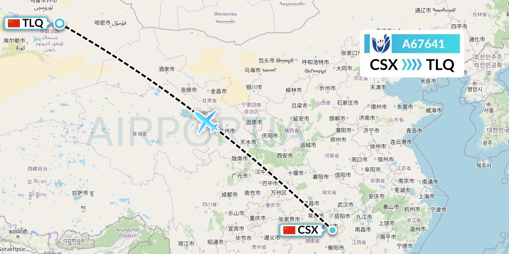 A67641 Hongtu Airlines Flight Map: Changsha to Turpan