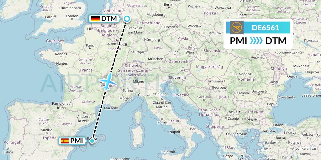 DE6561 Condor Flight Map: Palma de Mallorca to Dortmund