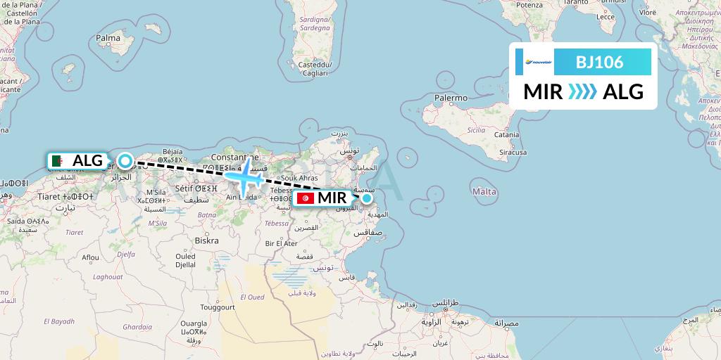 BJ106 Nouvelair Tunisie Flight Map: Monastir to Algiers