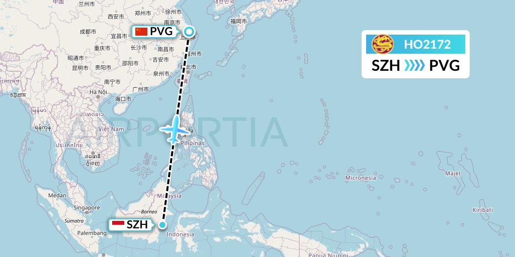 HO2172 Juneyao Airlines Flight Map: Senipah-Borneo Island to Shanghai