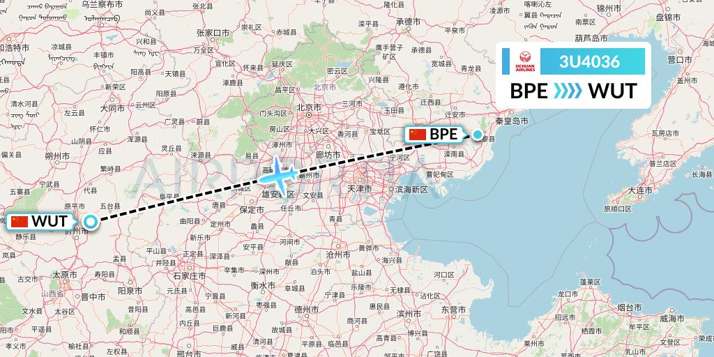 3U4036 Sichuan Airlines Flight Map: Qinhuangdao to Taiyuan