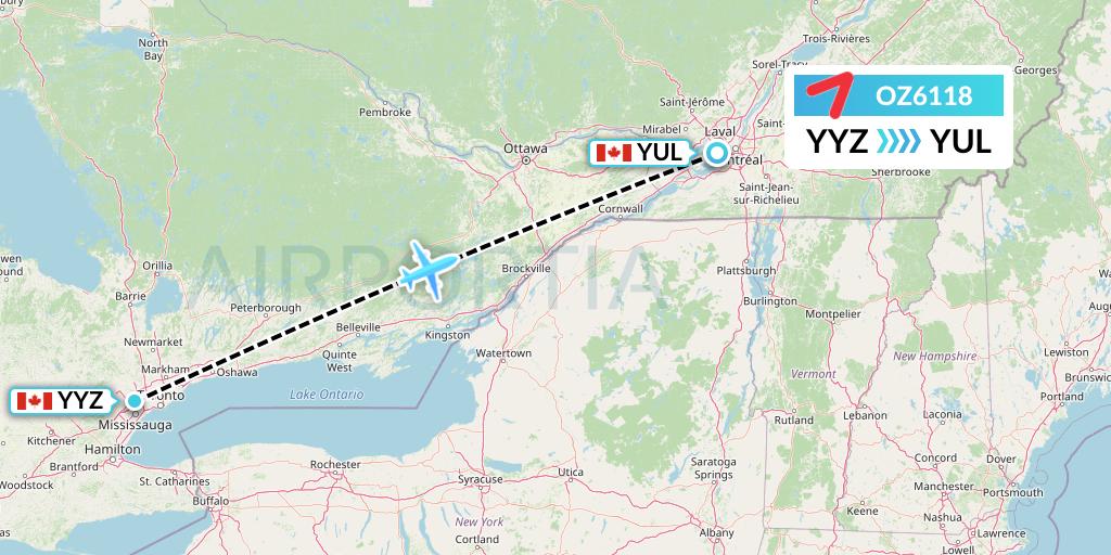 OZ6118 Asiana Airlines Flight Map: Toronto to Montreal