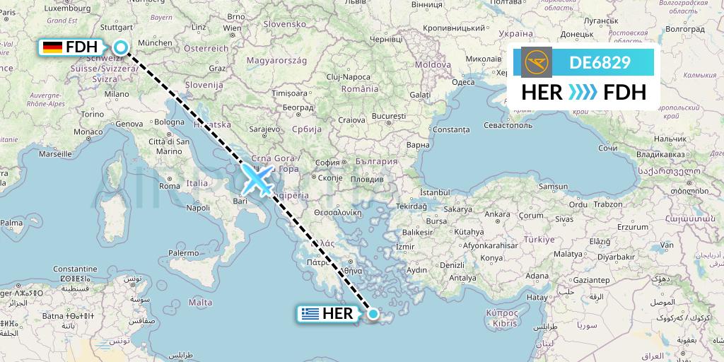 DE6829 Condor Flight Map: Heraklion to Friedrichshafen
