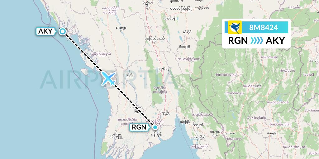 8M8424 Myanmar Airways International Flight Map: Yangon to Sittwe