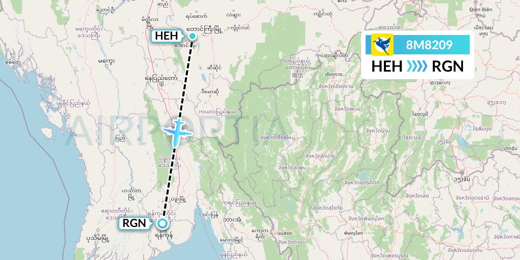 8M8209 Myanmar Airways International Flight Map: Heho to Yangon