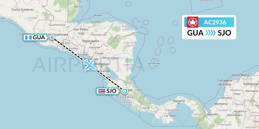 AC2936 Air Canada Flight Map: Guatemala City to San Jose