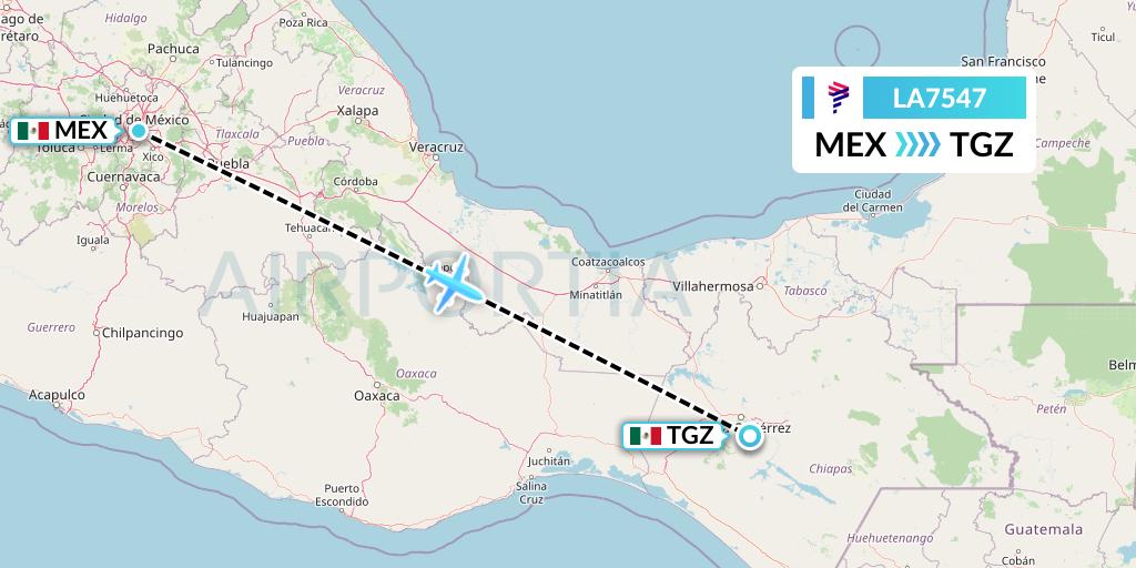 LA7547 LAN Airlines Flight Map: Mexico City to Tuxtla Gutierrez