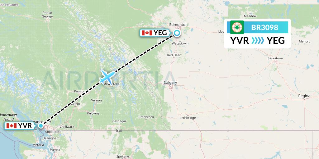 BR3098 EVA Air Flight Map: Vancouver to Edmonton