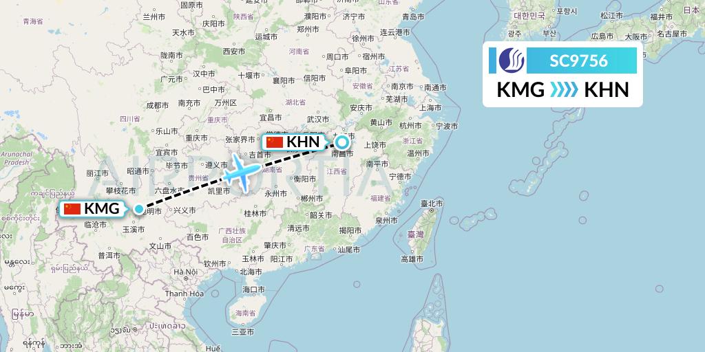 SC9756 Shandong Airlines Flight Map: Kunming to Nanchang