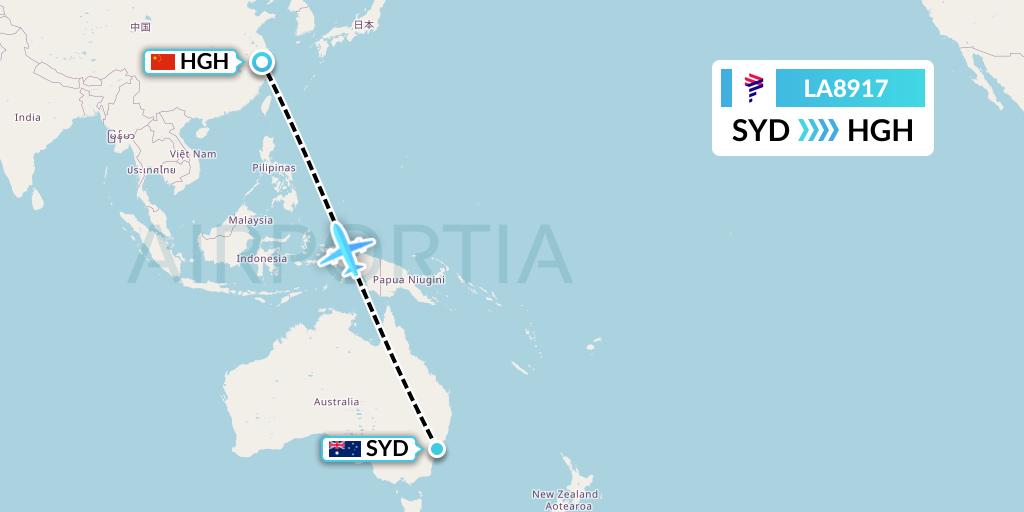 LA8917 LAN Airlines Flight Map: Sydney to Hangzhou