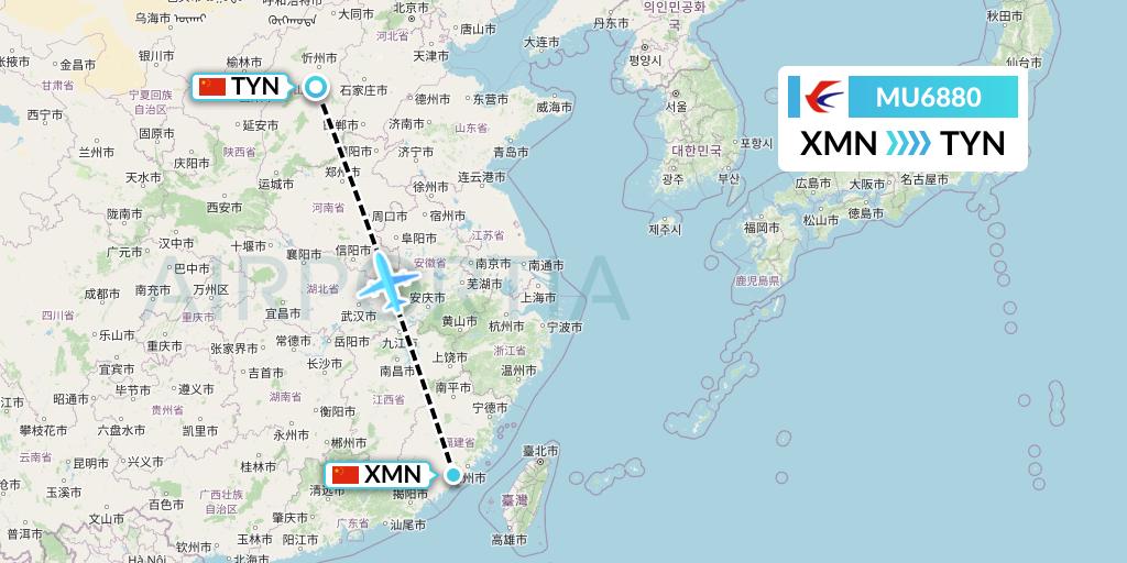 MU6880 China Eastern Airlines Flight Map: Xiamen to Taiyuan
