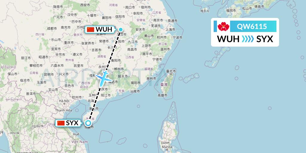 QW6115 Qingdao Airlines Flight Map: Wuhan to Sanya