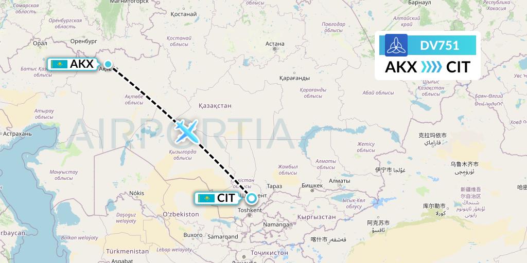 DV751 SCAT Flight Map: Aktobe to Shymkent