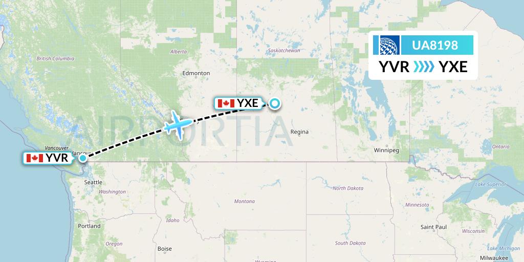 UA8198 United Airlines Flight Map: Vancouver to Saskatoon
