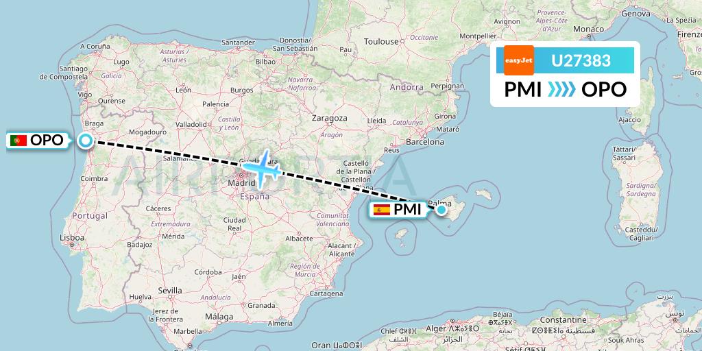 U27383 EasyJet Flight Map: Palma de Mallorca to Porto