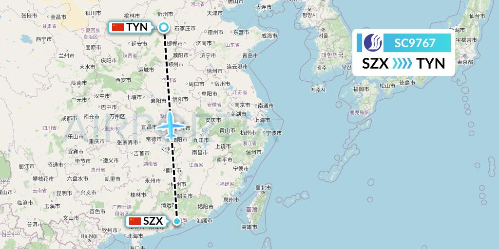 SC9767 Shandong Airlines Flight Map: Shenzhen to Taiyuan