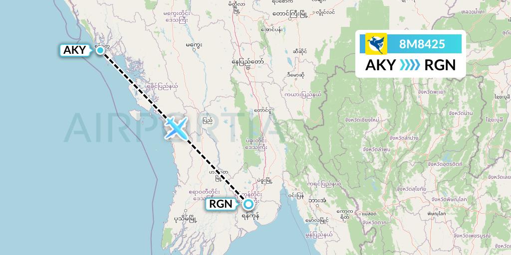 8M8425 Myanmar Airways International Flight Map: Sittwe to Yangon