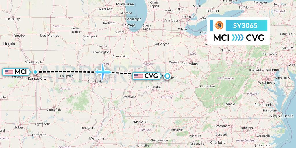 SY3065 Sun Country Airlines Flight Map: Kansas City to Cincinnati