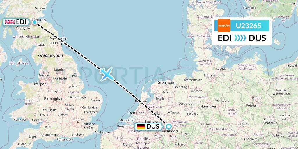 U23265 EasyJet Flight Map: Edinburgh to Dusseldorf