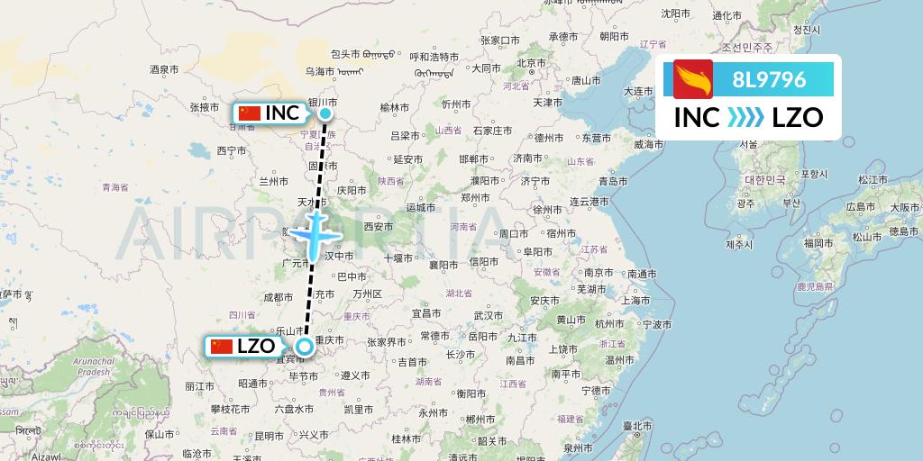 8L9796 Lucky Air Flight Map: Yinchuan to Luzhou