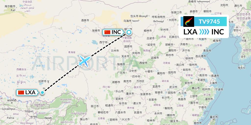 TV9745 Tibet Airlines Flight Map: Lhasa to Yinchuan
