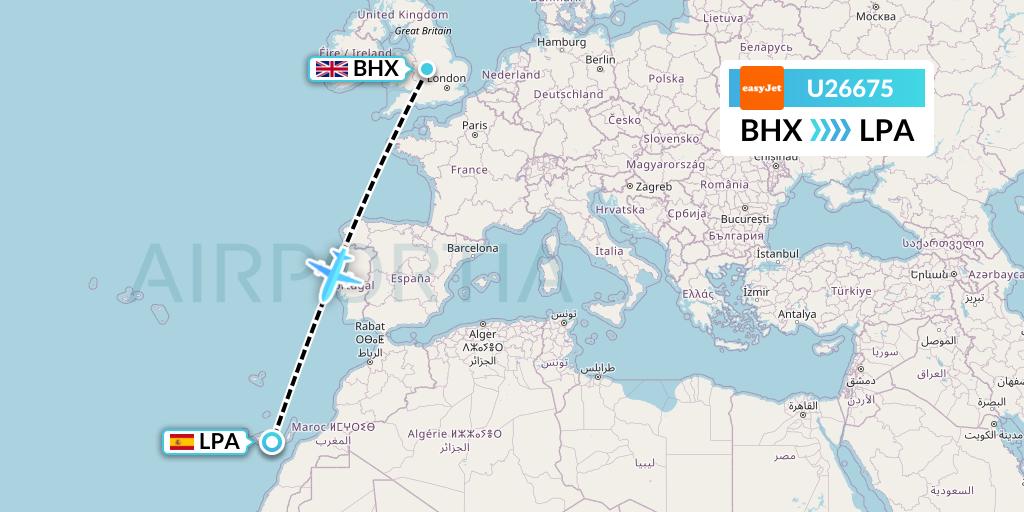 U26675 EasyJet Flight Map: Birmingham to Las Palmas
