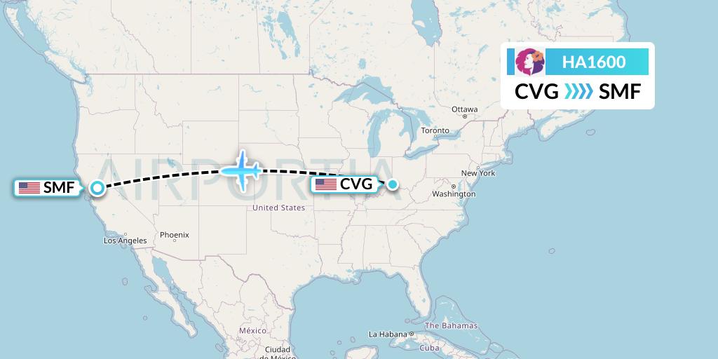 HA1600 Hawaiian Airlines Flight Map: Cincinnati to Sacramento