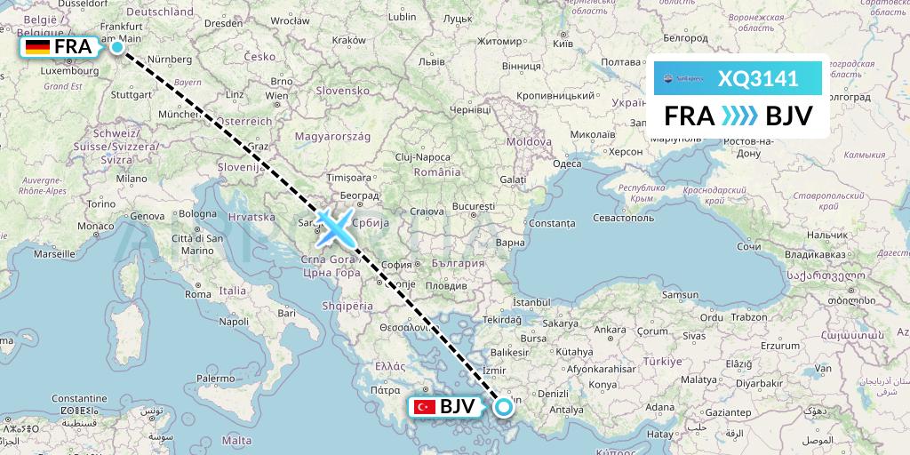 XQ3141 SunExpress Flight Map: Frankfurt to Bodrum