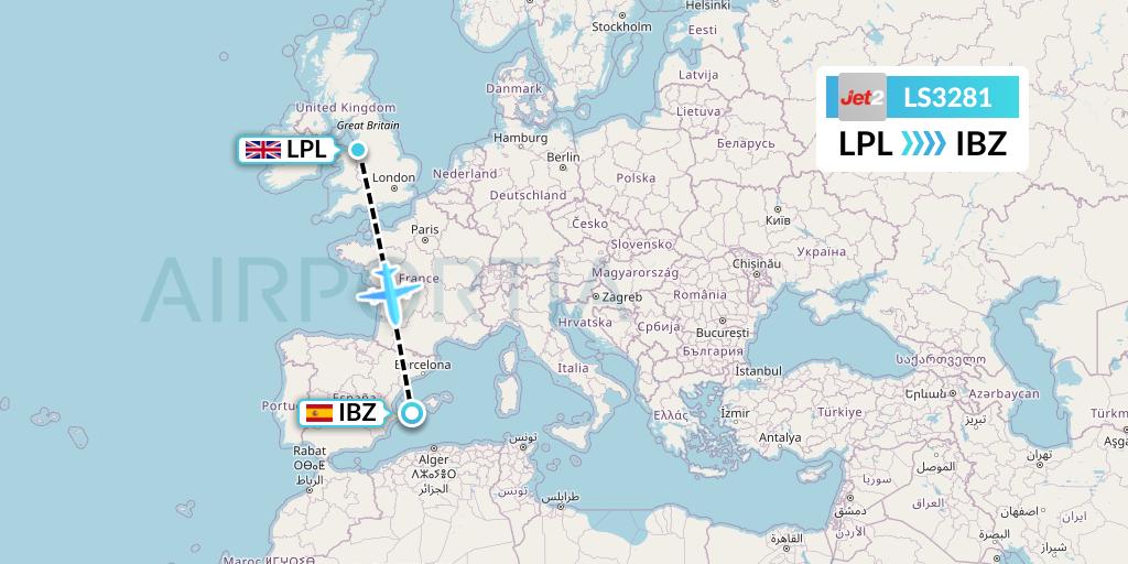 LS3281 Jet2 Flight Map: Liverpool to Ibiza