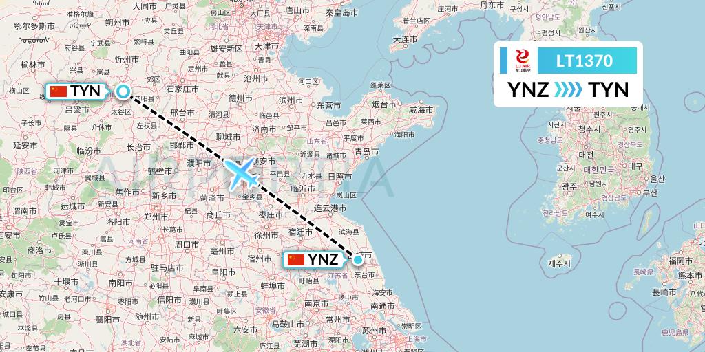 LT1370 LongJiang Airlines Flight Map: Yancheng to Taiyuan
