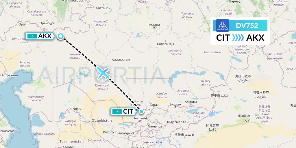 DV752 SCAT Flight Map: Shymkent to Aktobe