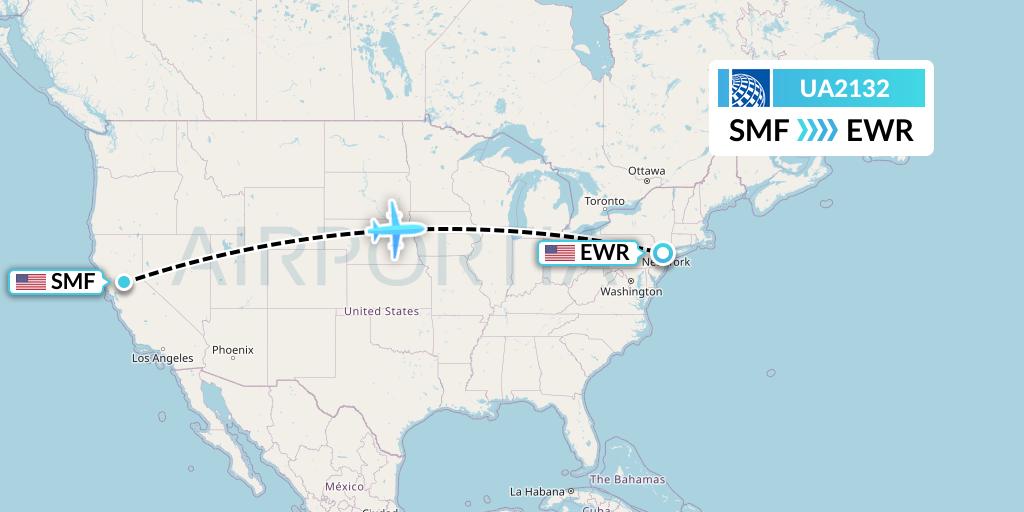 UA2132 United Airlines Flight Map: Sacramento to New York